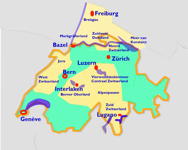 Kaart Zwitserland en Zuiidwest Duitsland